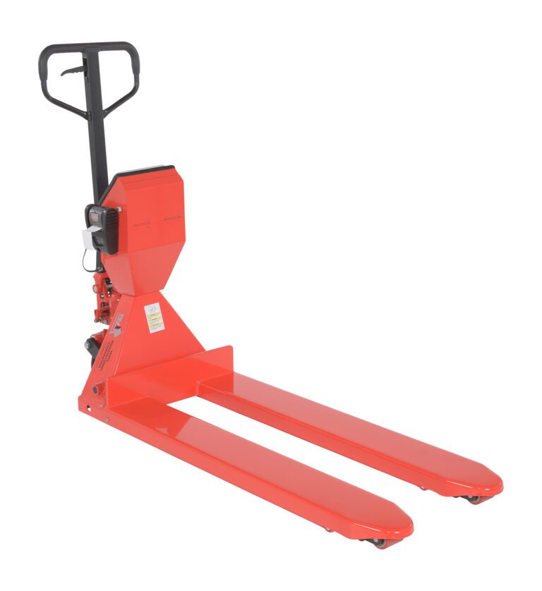 The Vestil HD Pallet Truck-Scale 5K 22.38 X 48 is a red manual pallet jack with a black handle and long forks, ideal for warehouses or retail settings. It stands out against a white background, highlighting its durability for lifting and moving pallets.