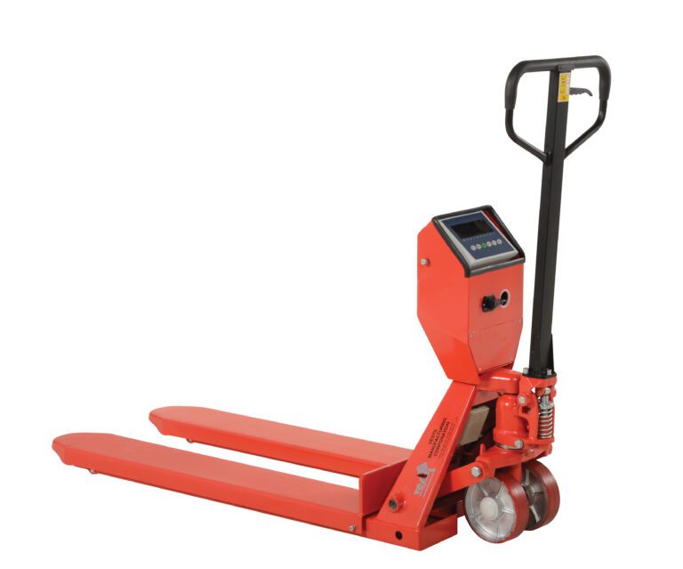 PM-2048-SCL-LP_A.jpg The Vestil Low Pro Pallet Truck-Scale 5K 22.38X48 is a red manual pallet jack with a scale, two long forks, a steering handle, and digital display. It has small front wheels and larger back wheels for easy maneuverability, making it ideal for efficient material handling.