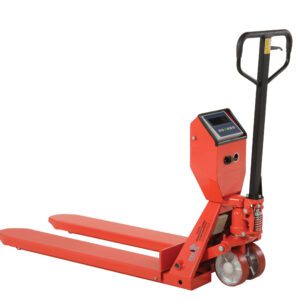 The Vestil Low Pro Pallet Truck-Scale 5K 22.38X48 is a red manual pallet jack with a scale, two long forks, a steering handle, and digital display. It has small front wheels and larger back wheels for easy maneuverability, making it ideal for efficient material handling.
