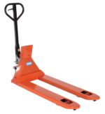 The Vestil Trade Legal Scale Pallet Truck 21 X 46, with its orange frame and black handle, is designed for moving heavy loads up to 5000 kg. Its long forks easily slide under pallets, making handling efficient.