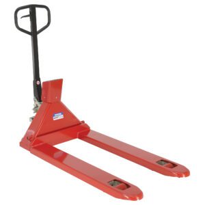 The Vestil Trade Legal Scale Pallet Truck 27 X 46 features a red design, black handle, and long flat forks for lifting and moving pallets. Its robust build makes it perfect for warehouse or industrial use.