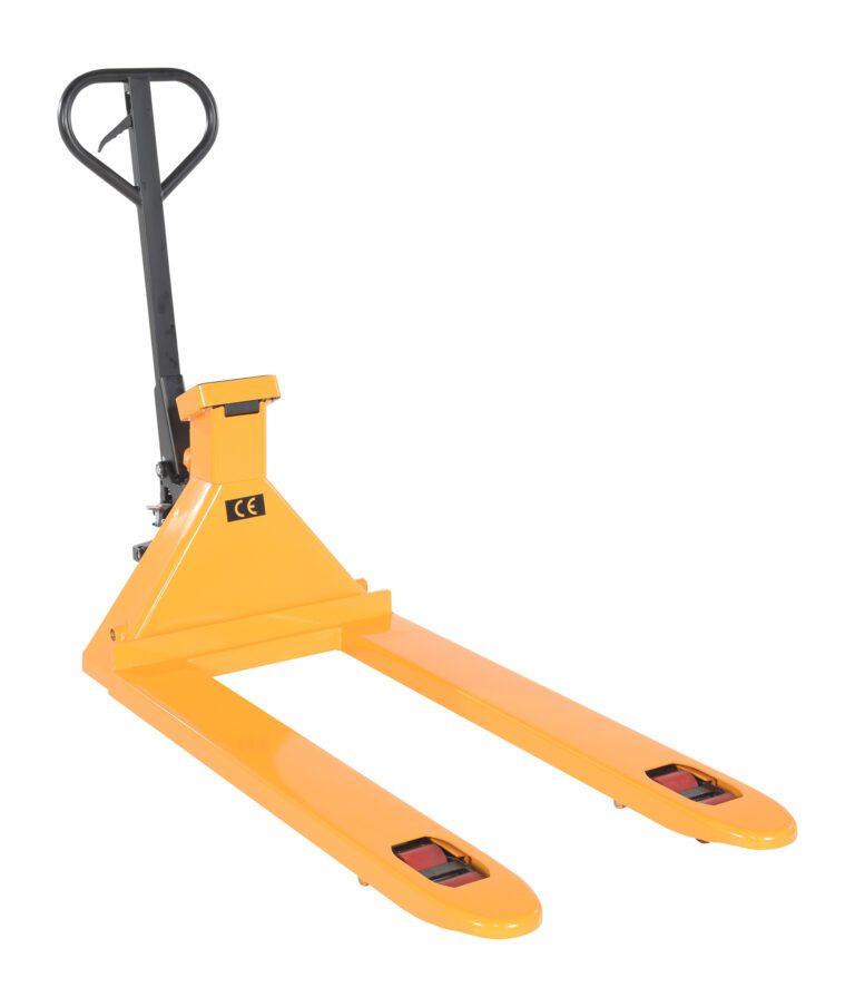 PM-2748-SCL-LP-E_A.jpg The Vestil Pallet Trk W/Scale Low Profile Economy 5000# 27X48 is a yellow manual pallet jack with a black handle, featuring two long forks for lifting and moving pallets, shown on a white background.