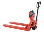 The Vestil Pallet Truck-Scale Printer 5K 27.5X48 features a digital scale, sleek red finish, black handle, and two rear wheels. Its metallic forks are perfect for effortlessly lifting and moving pallets.
