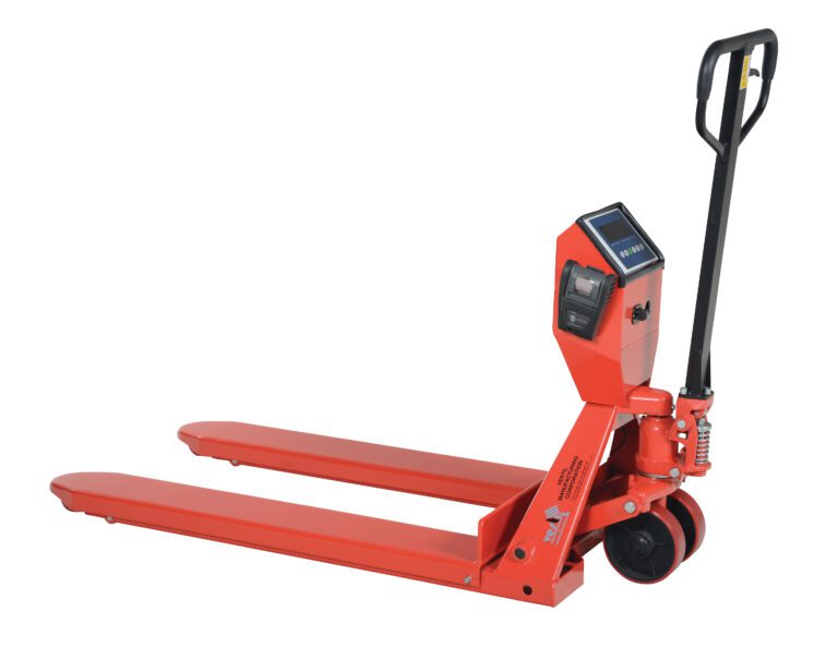 The Vestil Pallet Truck-Scale Printer 5K 27.5X48 features a digital scale, sleek red finish, black handle, and two rear wheels. Its metallic forks are perfect for effortlessly lifting and moving pallets.