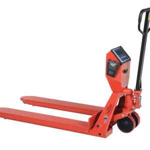 The Vestil Pallet Truck-Scale Printer 5K 27.5X48 features a digital scale, sleek red finish, black handle, and two rear wheels. Its metallic forks are perfect for effortlessly lifting and moving pallets.