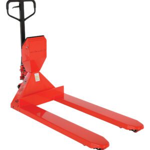 The Vestil Pallet Truck-Digital Scale 5K is a robust red pallet jack with a black handle and dual long forks, ideal for lifting pallets. Its sturdy build and compact wheels enable easy maneuverability, complemented by the digital scale for added functionality.