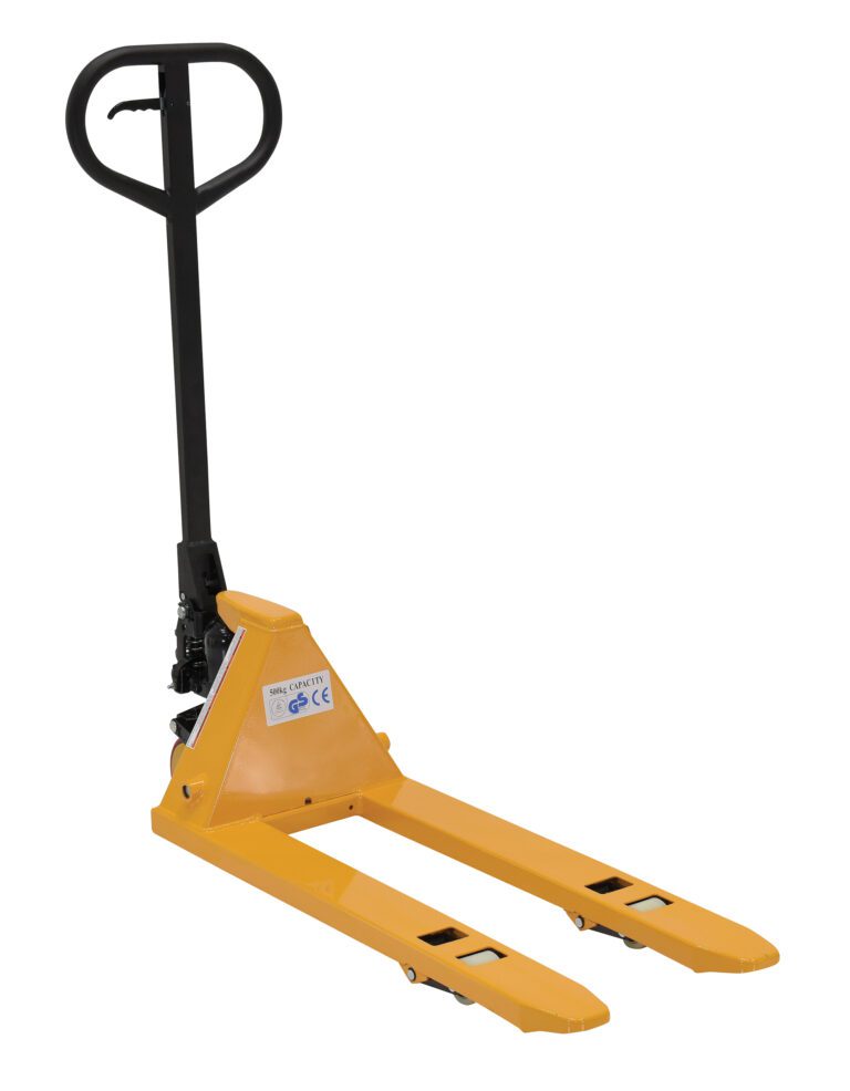 The Vestil Mini Hand Pallet Truck is a compact, yellow manual jack with black handles and dual forks, designed for efficient pallet lifting and moving. Its upright handle and visible wheels at the forks base provide smooth maneuverability.