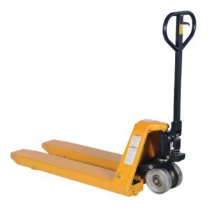 The Vestil Pallet Truck 10K Lb Cap 22.75X45.25 Yel features a yellow design with a black handle and wheels for efficient pallet lifting and transport in warehouses, utilizing forks and a hydraulic pump mechanism. It is presented against a white background.