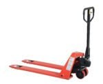 The Vestil Super Low Pallet Truck-2200 Lb 21 X 44 is a red manual pallet jack with a black handle, two forks, and red wheels, ideal for efficiently lifting and moving pallets in warehouses.