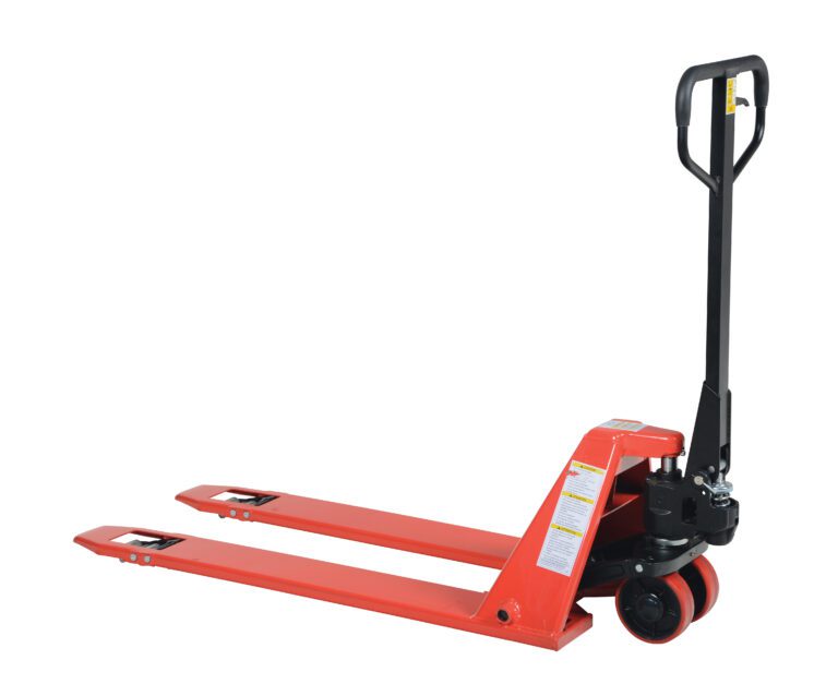 The Vestil Super Low Pallet Truck-2200 Lb 21 X 44 is a red manual pallet jack with a black handle, two forks, and red wheels, ideal for efficiently lifting and moving pallets in warehouses.
