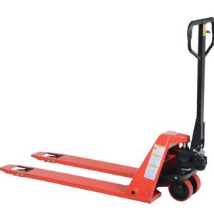 The Vestil Super Low Pallet Truck-2200 Lb 21 X 44 is a red manual pallet jack with a black handle, two forks, and red wheels, ideal for efficiently lifting and moving pallets in warehouses.