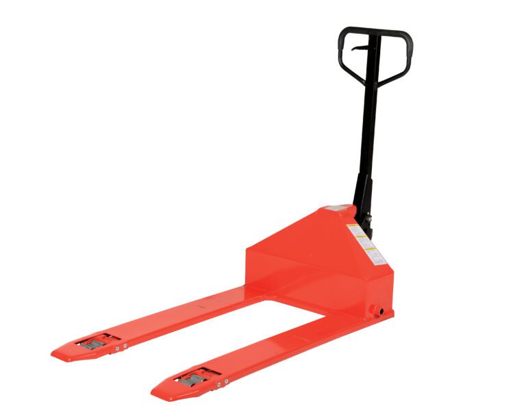 The bright orange Vestil Super Low Pallet Truck (2200 lb, 27 x 44) boasts black handles and wheels. With raised forks for easy pallet movement in warehouses, its robust design stands out against a plain white background.