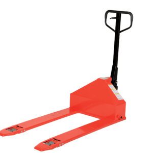 The bright orange Vestil Super Low Pallet Truck (2200 lb, 27 x 44) boasts black handles and wheels. With raised forks for easy pallet movement in warehouses, its robust design stands out against a plain white background.