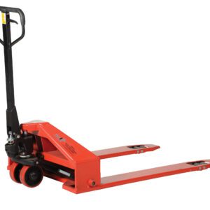 The Vestil Super Low Pallet Truck-2200 Lb 33 X 44, with a red metal frame and black handles/wheels, is ideal for lifting pallets. Featuring two long forks for easy load sliding and a slightly tilted back handle, it ensures comfortable manual maneuvering.