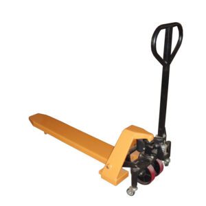 A yellow Vestil Pallet Master Single Fork with a 2000# capacity, black handle, and red wheels stands out against the white background.