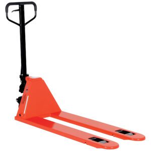 The Vestil Low Profile Pallet Truck 4K 20.625 X 48 boasts a bright orange design with a black handle and long forks, ideal for lifting and moving pallets in warehouses. Its dimensions ensure its an efficient choice for operations needing reliability.