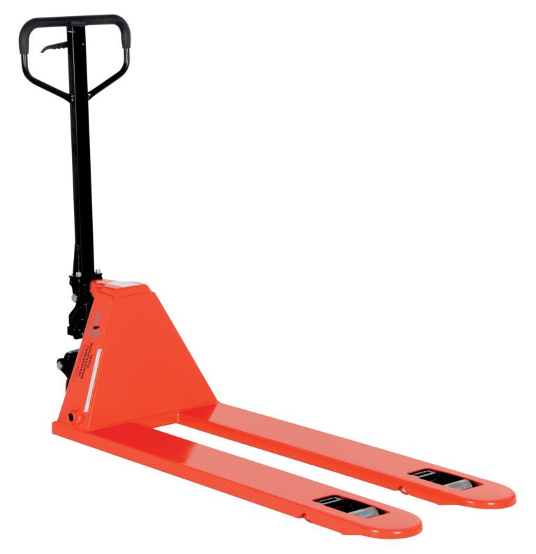 The Vestil Low Profile Pallet Truck 4K 20.625 X 48 boasts a bright orange design with a black handle and long forks, ideal for lifting and moving pallets in warehouses. Its dimensions ensure its an efficient choice for operations needing reliability.