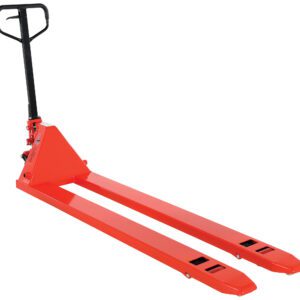 The red Vestil Low Profile Pallet Truck 4400 Cap 20X72 features a black handle, long forks, and small wheels for effortless pallet lifting and maneuverability in warehouses or storage facilities.