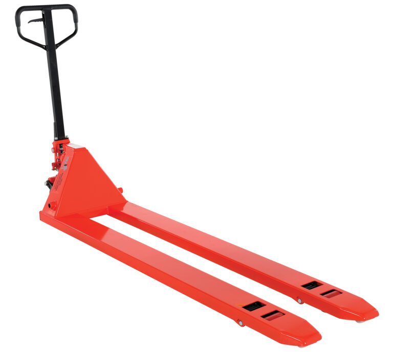PM4-2072_A.jpg The red Vestil Low Profile Pallet Truck 4400 Cap 20X72 features a black handle, long forks, and small wheels for effortless pallet lifting and maneuverability in warehouses or storage facilities.