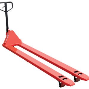 The red manual pallet jack, similar to the Vestil Low Profile Pallet Truck 4K 20.625 X 96, features a black handle and long forks with small wheels at the ends, allowing easy movement of pallets in warehouses or storage facilities.