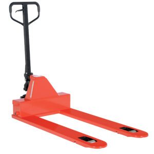 The image displays a Vestil Low Profile Pallet Truck (6 Pack) with a red manual pallet jack and sleek black handle. Two long forks contrast the white background, highlighting its efficiency and strength for lifting and moving tasks.