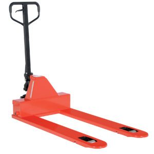 The red Vestil Low Profile Pallet Truck 4K 27 X 48 features a robust black handle, dual long forks, and small end wheels for smooth movement of heavy loads on flat surfaces.