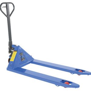 The Vestil Economy Hand Pallet Trk 3800#Cap 27X48, with its blue frame, black handle, and small red wheels, is ideal for efficiently lifting and moving pallets in warehouses and industrial settings.