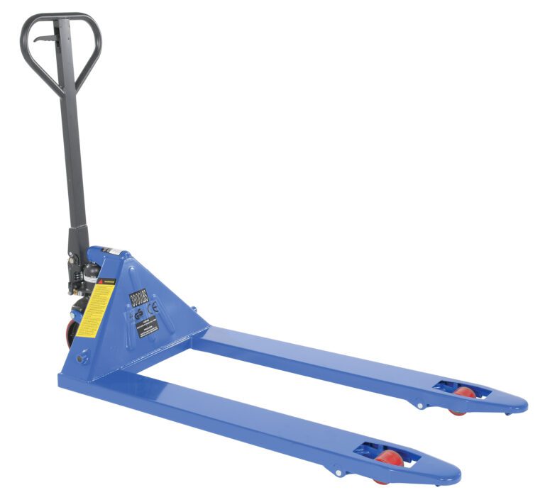 PM4-2748_A.jpg The Vestil Economy Hand Pallet Trk 3800#Cap 27X48, with its blue frame, black handle, and small red wheels, is ideal for efficiently lifting and moving pallets in warehouses and industrial settings.