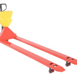 The Vestil Red Pallet Truck 4K, with a 27 x 96 profile, features a vibrant red design and a yellow P-Caddy cover on the pump handle. It includes long forks with small wheels for maneuvering pallets and an upright handle for easy handling.