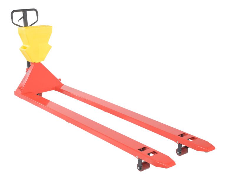 PM4-2796-UP-001_A.jpg The Vestil Red Pallet Truck 4K, with a 27 x 96 profile, features a vibrant red design and a yellow P-Caddy cover on the pump handle. It includes long forks with small wheels for maneuvering pallets and an upright handle for easy handling.