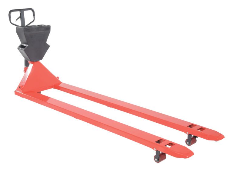 PM4-2796-UP-002_A.jpg The Vestil Red Pallet Truck 4K 27 X 96 with a sleek black handle and long forks is ideal for larger loads. It features a Black P-Caddy and front-end wheels for easy mobility.