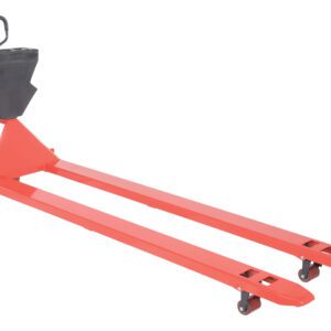 The Vestil Red Pallet Truck 4K 27 X 96 with a sleek black handle and long forks is ideal for larger loads. It features a Black P-Caddy and front-end wheels for easy mobility.