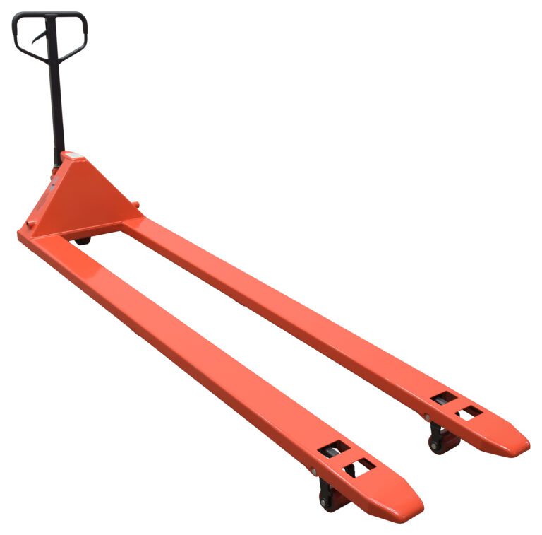 PM4-2796_A.jpg The Vestil Full Featured Pallet Truck 4K 27 X 96 is a red pallet jack with a black handle and four small wheels, ideal for moving pallets efficiently in warehouses or stores. Its design features flat, parallel forks extending from the base.