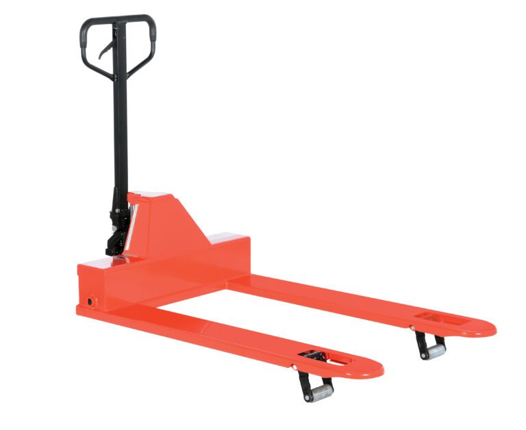 PM4-3348-LP-6PKG_A.jpg The Vestil 6 Pack - Low Profile Pallet Trk 4K 33X48 boasts a red frame, black handle, and durable metal forks. Ideal for lifting pallets, this efficient jack is displayed on a plain white background.