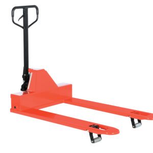 The Vestil 6 Pack - Low Profile Pallet Trk 4K 33X48 boasts a red frame, black handle, and durable metal forks. Ideal for lifting pallets, this efficient jack is displayed on a plain white background.