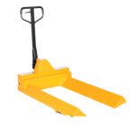 The Vestil Pallet Truck-V Shape Center 4K 33X48 has a yellow finish and black handle, perfect for lifting pallets. Its extended parallel forks facilitate movement, while the attached upright handle ensures easy maneuverability.