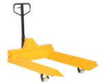 The yellow Vestil Pallet Truck-V Shape Center 4K 40X48 has a black handle and dual prongs with small white wheels at the ends for lifting, providing ease of maneuverability. Its displayed on a plain white background.