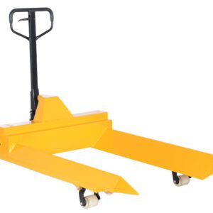 The yellow Vestil Pallet Truck-V Shape Center 4K 40X48 has a black handle and dual prongs with small white wheels at the ends for lifting, providing ease of maneuverability. Its displayed on a plain white background.