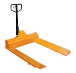 The Vestil Pallet Truck-V Shape Center 4K 45X48 is a durable yellow pallet jack with a black handle and two long forks, ideal for moving pallets. Set against a white backdrop, it epitomizes industrial efficiency.