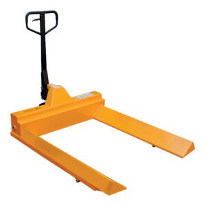 The Vestil Pallet Truck-V Shape Center 4K 45X48 is a durable yellow pallet jack with a black handle and two long forks, ideal for moving pallets. Set against a white backdrop, it epitomizes industrial efficiency.