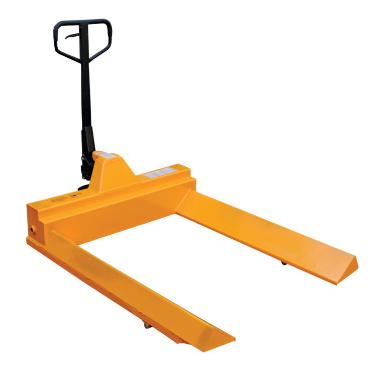 The Vestil Pallet Truck-V Shape Center 4K 45X48 is a durable yellow pallet jack with a black handle and two long forks, ideal for moving pallets. Set against a white backdrop, it epitomizes industrial efficiency.