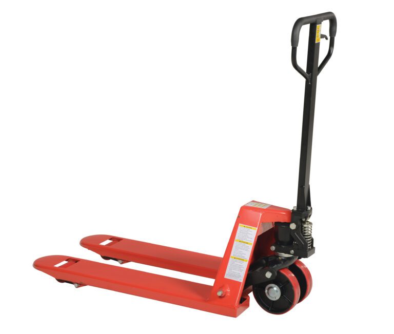 The Vestil Full Featured Pallet Truck 5.5K 20 X 36 is a red manual pallet jack with a black handle and large front wheels, designed for efficiently lifting and moving pallets in warehouses.