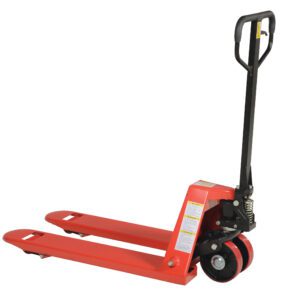 The Vestil Full Featured Pallet Truck 5.5K 20 X 36 is a red manual pallet jack with a black handle and large front wheels, designed for efficiently lifting and moving pallets in warehouses.