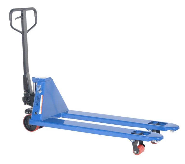 PM5-2048-QL_A.jpg The Vestil Quick Lift Pallet Truck 5500 Lb (20 x 48) features blue design, black handle, and red wheels, effortlessly lifting up to 5500 lbs. Its dimensions and long forks with a lever ensure smooth pallet maneuvering in warehouses or stores.