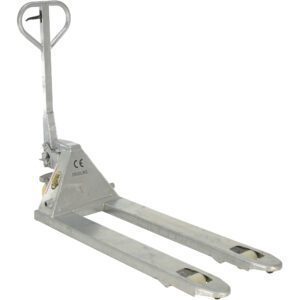 The Vestil Galvanized Steel Pallet Truck 20 X 48 is silver, manually operated, and features a long handle with two forks. Its robust design includes wheels at fork tips for smooth movement and it carries a CE mark for quality assurance.