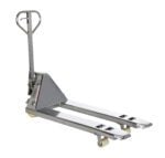 The Vestil Stainless Steel Pallet Trk 5.5K 21.5X45 is a durable pallet jack with an upright handle and wheeled forks, ideal for smoothly lifting and transporting pallets with its strong industrial design.