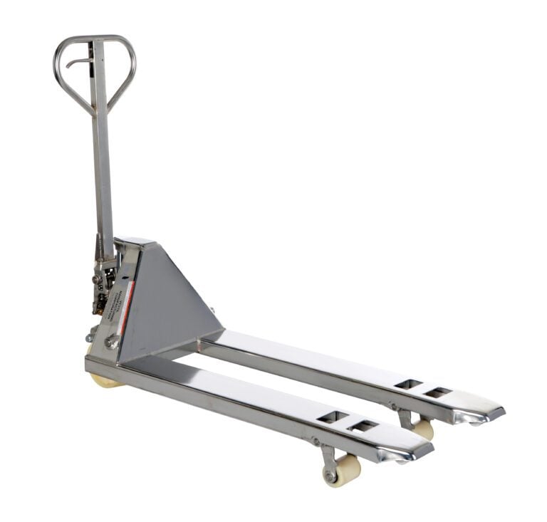 The Vestil Stainless Steel Pallet Trk 5.5K 21.5X45 is a durable pallet jack with an upright handle and wheeled forks, ideal for smoothly lifting and transporting pallets with its strong industrial design.