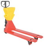 The Vestil Red Pallet Truck 5.5K 20.6X48 Yellow P-Caddy boasts a red and yellow design with a black handle, featuring forks supported by wheels—ideal for efficient pallet transport in warehouses or industrial environments.