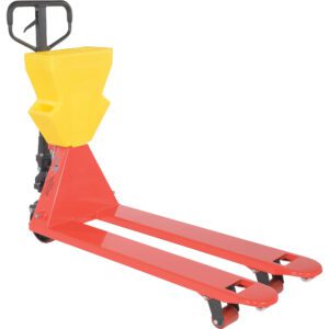 The Vestil Red Pallet Truck 5.5K 20.6X48 Yellow P-Caddy boasts a red and yellow design with a black handle, featuring forks supported by wheels—ideal for efficient pallet transport in warehouses or industrial environments.