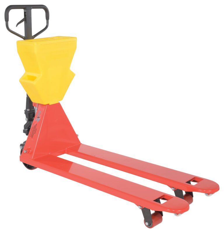 PM5-2048-UP-001_A.jpg The Vestil Red Pallet Truck 5.5K 20.6X48 Yellow P-Caddy boasts a red and yellow design with a black handle, featuring forks supported by wheels—ideal for efficient pallet transport in warehouses or industrial environments.